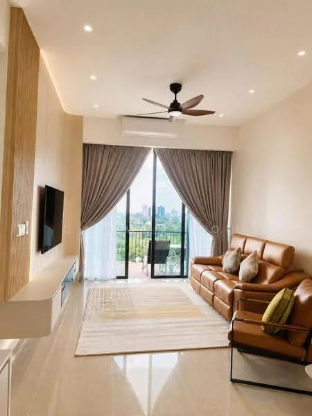 Living features: 3-seater leather sofa in brown, floor-to-ceiling windows, sheer curtains, recessed LED downlights, 5-blade ceiling fan, wall-mounted TV, light-colored area rug, decorative throw pillows, wooden accent wall, sliding glass door, view of city skyline; style: modern; view: city.