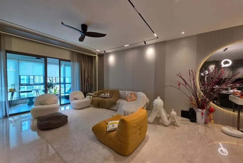 Living features: 5-blade ceiling fan with light, marble flooring, grey accent wall, floor-to-ceiling windows, curtains, decorative plants, various seating options including bean bags and a sofa, area rug, decorative sculptures, wall-mounted lighting; style: modern; view: city.