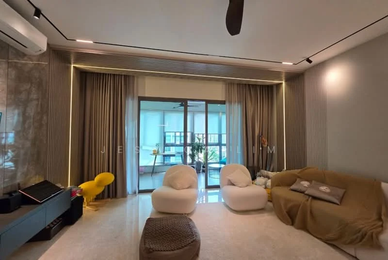 Living features: white walls, grey accent wall, marble flooring, 5-blade ceiling fan, floor-to-ceiling windows, sliding glass door, sheer curtains, sofa with throw blanket, bean bag chairs, decorative cushions, wall-mounted TV, built-in cabinetry; style: modern; view: city.
