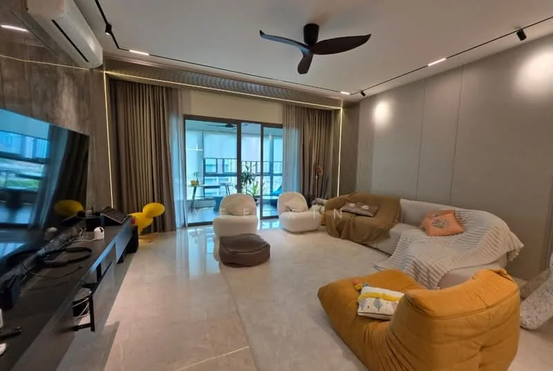 Living features: marble tile flooring, grey accent wall, recessed downlights, 5-blade ceiling fan, floor-to-ceiling windows, sheer curtains, TV console, wall-mounted TV, 2-seater fabric sofa in white, bean bag chair in yellow, decorative throw pillows, area rug with geometric pattern, coffee table, plant in pot; style: modern; view: garden.