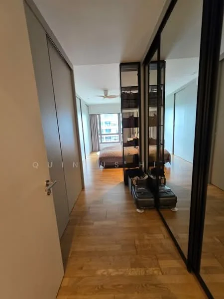 Room features: wooden flooring, floor-to-ceiling windows, sliding glass door, ceiling fan, built-in wardrobe with mirrored doors, neutral wall color, decorative wall art, bed with bedding, nightstand, luggage on the floor; style: modern; view: city.