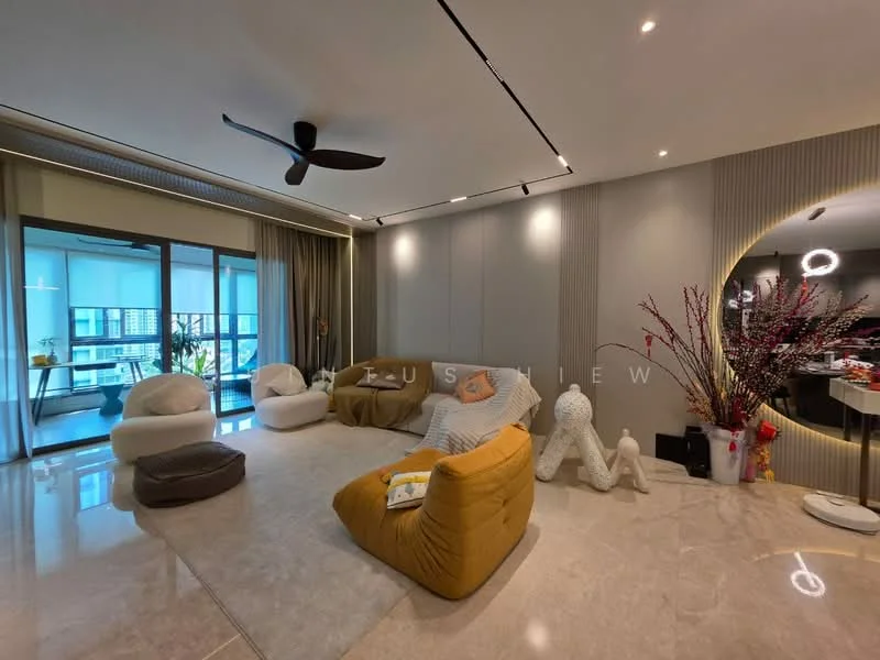 Living features: 5-blade ceiling fan with light, marble flooring, floor-to-ceiling windows, sheer curtains, recessed downlights, decorative plants in pots, yellow upholstered armchair, white bean bag chairs, abstract sculptures, wall with vertical lines, sofa in neutral tones, coffee table, area rug; style: modern; view: city.