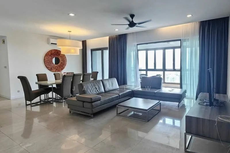 Living features: 3-seater leather sofa in grey, L-shape sectional sofa, coffee table, wall-mounted TV, TV console, dining table for 6, upholstered dining chairs, ceiling fan, recessed downlights, floor-to-ceiling windows, curtains in blue and white, marble tile flooring, decorative mirror, area rug; style: modern; view: city.