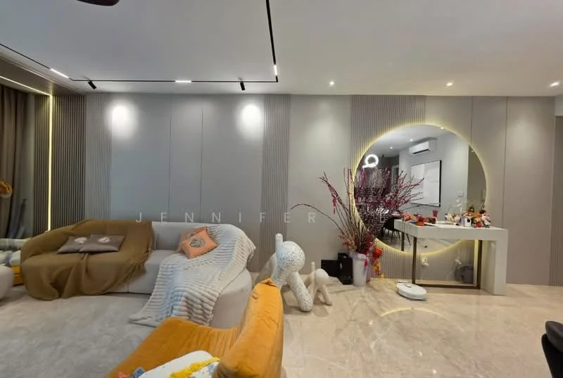 Living features: marble tile flooring, grey accent wall, recessed downlights, floor-to-ceiling windows, sofa in beige, yellow accent chair, decorative throw blanket, decorative pillows, round mirror with backlighting, decorative vase with flowers, small side table, wall-mounted TV, artwork on wall; style: modern.