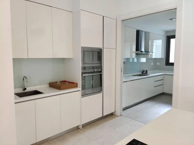 Kitchen features: white flat-panel cabinetry, single-bowl stainless-steel sink, chrome pull-down faucet, built-in oven, built-in microwave, ceramic tile flooring, white backsplash, countertop with integrated cooktop, recessed downlights, window for natural light; style: modern.