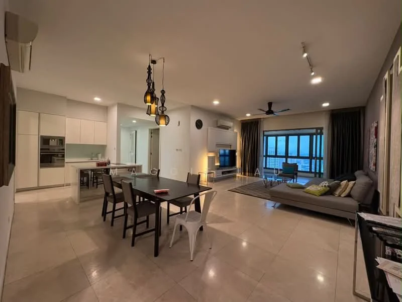 Living features: marble tile flooring, recessed downlights, 5-blade ceiling fan, floor-to-ceiling windows, sliding glass door, grey accent wall, sofa with cushions, coffee table, area rug, TV console, wall-mounted TV, decorative wall art; style: modern; view: city. Dining features: 6-seater dining table, black dining chairs, pendant lighting, open shelving, decorative centerpiece; style: modern. Kitchen features: white cabinetry, stainless-steel appliances, built-in oven, freestanding range oven, kitchen island, marble countertop, double-bowl stainless-steel sink, chrome pull-down faucet; style: modern.