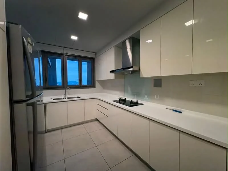 Kitchen features: white glossy cabinetry, stainless-steel refrigerator, single-bowl stainless-steel sink, chrome pull-down faucet, white quartz countertop, built-in oven, four-burner gas hob, exhaust hood, grey ceramic tile flooring, floor-to-ceiling windows, recessed LED downlights; style: modern; view: city.