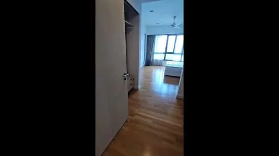 Room features: wooden flooring, floor-to-ceiling windows, ceiling fan, built-in wardrobe, neutral wall colour, curtains, bed visible in background, natural light; style: modern; view: city.