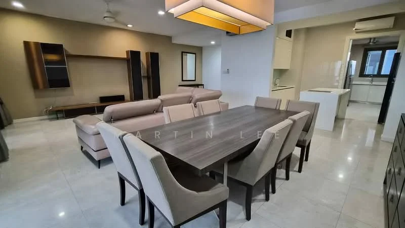 Dining features: 6-seater dining table, upholstered dining chairs, pendant light fixture, marble flooring, neutral wall colour, open layout to living area, wall-mounted TV console, large windows for natural light; style: modern. Living features: 3-seater fabric sofa, coffee table, TV console, marble flooring, neutral wall colour, open layout to dining area, ceiling fan; style: modern. Kitchen features: white cabinetry, built-in oven, stainless-steel sink, countertop, open layout to dining area, neutral wall colour; style: modern.