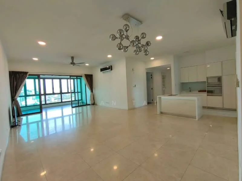 Living features: marble tile flooring, white painted walls, recessed downlights, 5-blade ceiling fan with light, floor-to-ceiling windows, sliding glass door, sheer curtains, chandelier, open kitchen layout, kitchen island, air conditioning unit; style: modern; view: city.