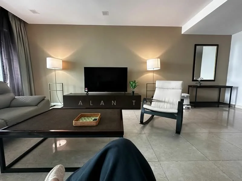 Living features: grey fabric sofa, black coffee table, flat-screen TV on console, two floor lamps, decorative plant, light-colored armchair, mirror on wall, side table, ceramic floor tiles, beige accent wall, curtains, recessed ceiling lights; style: modern.