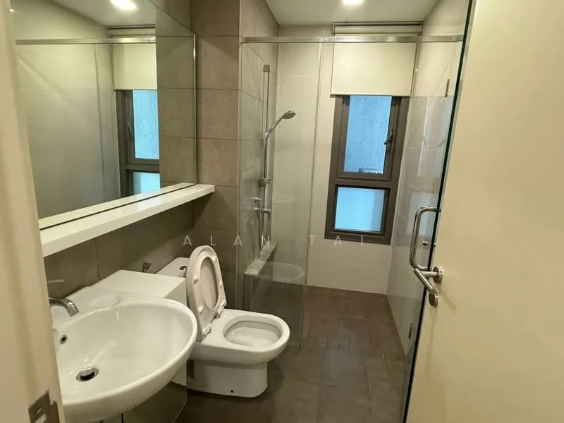 Bathroom features: glass shower enclosure, rain shower head, handheld shower, single-sink vanity with white cabinet, chrome basin mixer, framed mirror, toilet, tile cladding on walls, ceramic tile flooring, recessed downlights; style: modern.