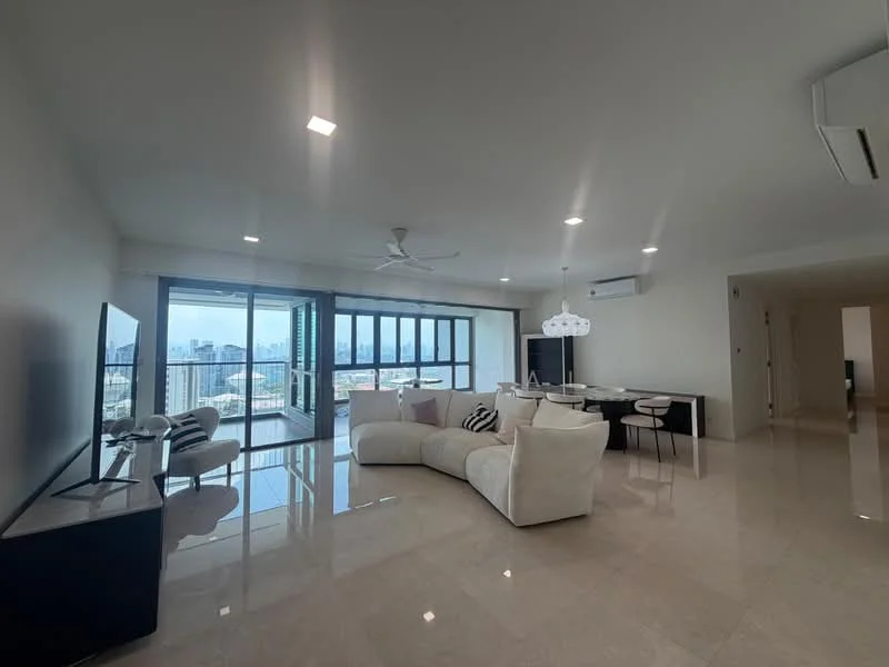 Living features: 3-seater fabric sofa in cream, floor-to-ceiling windows, city view, TV console, wall-mounted TV, dining table for 4, 4 dining chairs, ceiling fan, recessed downlights, polished marble flooring, decorative pendant light; style: modern; view: city.