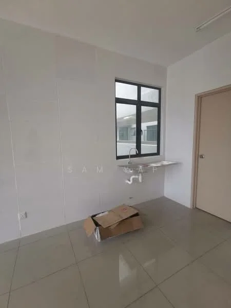 Room features: white painted walls, grey tiled flooring, single window with black frame, sink with wall-mounted faucet, countertop, cardboard box on floor.