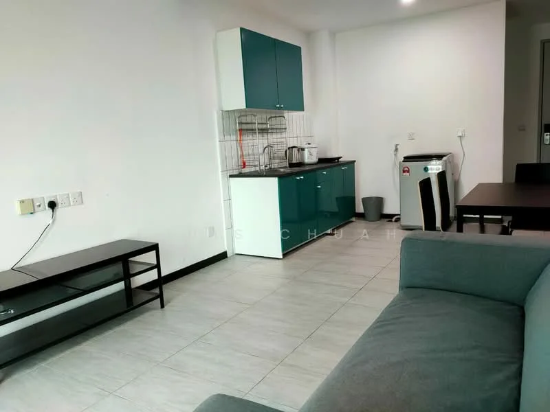 Living features: grey fabric sofa, black coffee table, TV console, wall-mounted TV, light grey tiled flooring, white painted walls, recessed downlights, open shelving, kitchenette with blue cabinets, white countertop, stainless-steel kettle, microwave, washing machine, black trash bin; style: modern.