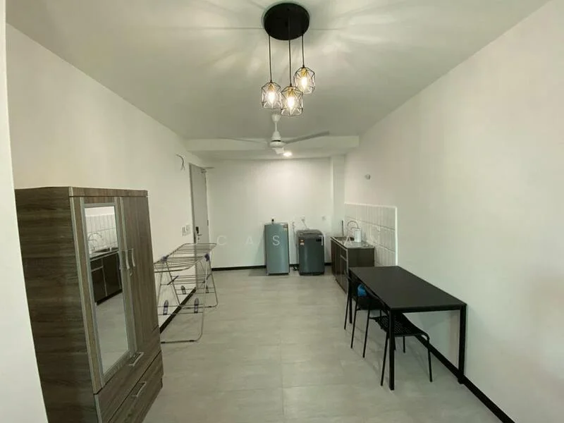 Room features: white painted walls, grey tiled flooring, 5-blade ceiling fan with light, hanging pendant light, dining table with chairs, wooden cabinet, washing machine, drying rack, kitchenette with sink, refrigerator; style: modern.