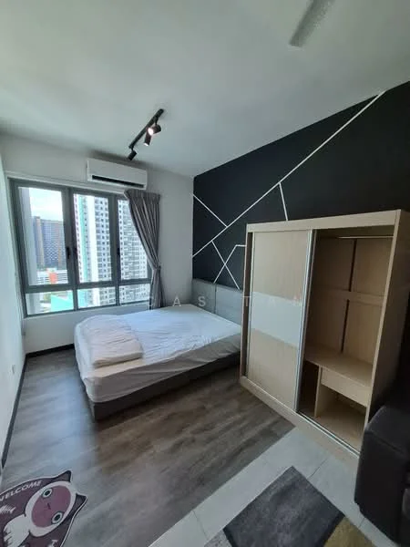 Bedroom features: queen-size bed with white bedding, floor-to-ceiling windows, black accent wall with geometric design, light wood wardrobe with sliding doors, laminate flooring, air conditioning unit, track lighting, curtains, decorative area rug with animal design; style: modern; view: city.