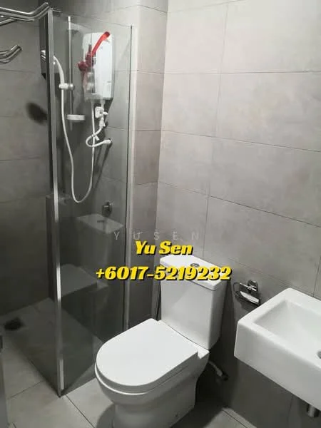 Bathroom features: walk-in shower with glass enclosure, chrome handheld shower, white wall-mounted toilet, white sink with wall-mounted faucet, grey ceramic tile flooring, grey tiled walls, shower water heater, towel rack; style: modern.