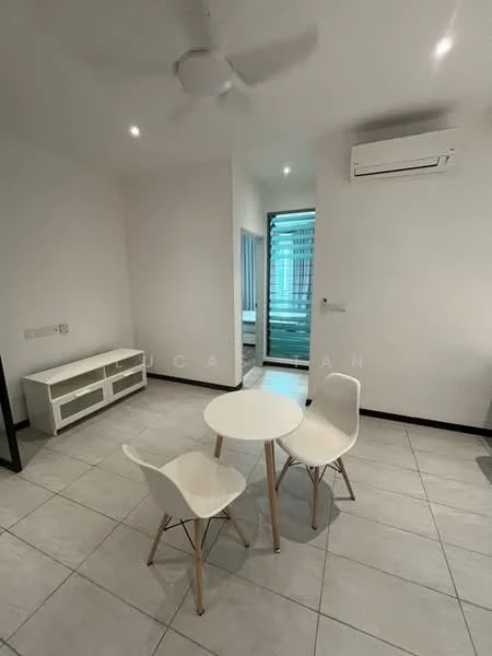 Room features: white painted walls, grey tiled flooring, 5-blade ceiling fan, wall-mounted split AC, round dining table, 2 white dining chairs, TV console, glass sliding door; style: modern.