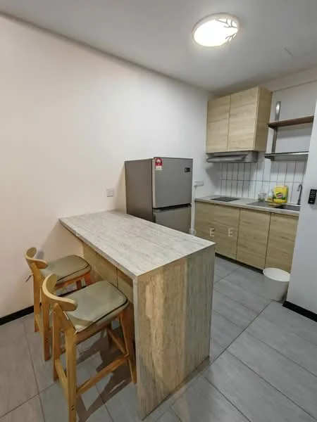 Kitchen features: light wood cabinetry, white countertop, stainless-steel fridge, built-in oven, ceramic tile flooring, white tiled backsplash, two wooden bar stools, single-bowl stainless-steel sink, chrome pull-down faucet, open shelving, wall-mounted cabinet, recessed ceiling light; style: modern.