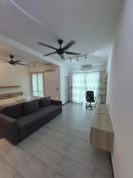 Living features: grey fabric sofa, 2 ceiling fans, wall-mounted TV console, light wood desk, tile flooring, large window with sheer curtains, air conditioning unit, shelving unit, decorative wall, neutral painted walls; style: modern.