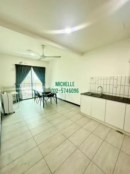 Kitchen features: white cabinets, black countertop, stainless-steel sink, chrome pull-down faucet, 4-burner gas hob, refrigerator, dining table for four, ceiling fan, floor-to-ceiling windows with sheer curtains, tile flooring, white painted walls; style: modern.