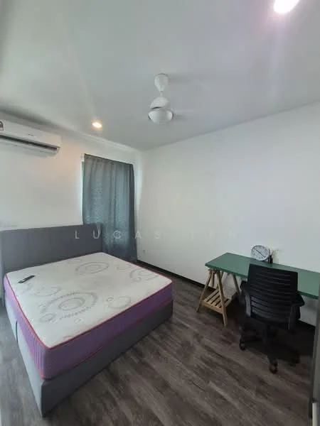 Bedroom features: queen-size bed, upholstered headboard, 1 wall-mounted split AC, 5-blade ceiling fan, desk with green tabletop, black office chair, grey curtains, laminate flooring, white painted walls, recessed downlights; style: modern.