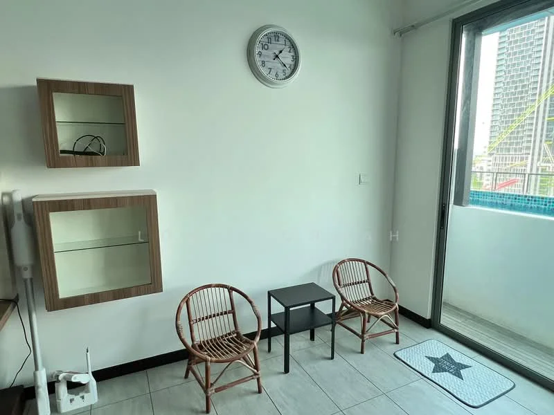 Room features: white painted walls, tile flooring, large glass sliding door, balcony access, round wall clock, two rattan chairs, small black side table, wall-mounted shelves; style: modern; view: city.