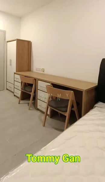 Room features: light grey walls, laminate flooring, built-in wardrobe with sliding doors, two wooden desks, two wooden chairs, queen-size bed, white bedding, decorative wall art, power outlets on the wall; style: modern.