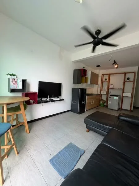 Living features: black leather sofa, 3-blade ceiling fan, wall-mounted TV, wooden coffee table, light-colored tile flooring, white painted walls, open shelving unit, refrigerator, kitchenette with countertop, dining table with stools; style: modern.