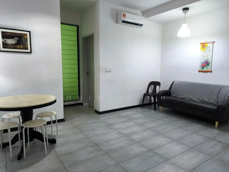 Living features: grey fabric sofa, round dining table, 3 white stools, wall-mounted air conditioning unit, pendant light, framed artwork on wall, light grey tiled flooring, white painted walls, green door, decorative wall hanging; style: modern.