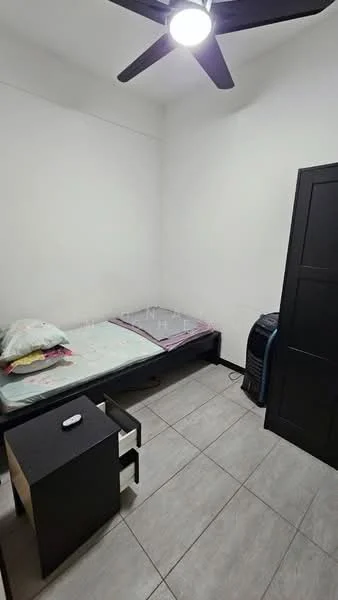 Bedroom features: single bed, black bedside table, white walls, ceiling fan with light, tile flooring, air conditioning unit, window with no visible treatment, mattress on bed.