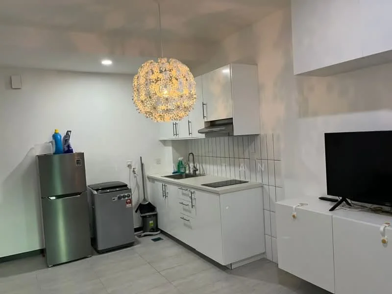 Kitchen features: white cabinetry, stainless-steel fridge, built-in oven, single-bowl stainless-steel sink, chrome pull-down faucet, grey countertop, white tiled backsplash, recessed downlights, chandelier light fixture, grey tile flooring, TV console, wall-mounted TV; style: modern.