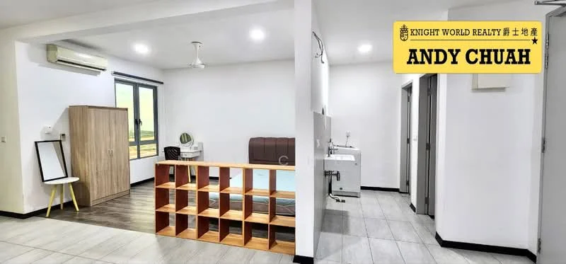 Room features: light grey walls, wooden flooring, ceiling fan, window with view, built-in wardrobe, double bed with upholstered headboard, open shelving unit, white tiled flooring in bathroom area, sink with cabinet, wall-mounted mirror, air conditioning unit; style: modern.