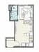 Floor plan: 1-bedroom 1-bathroom unit; features: open-plan kitchen-dining-living, master bedroom with ensuite bathroom, utility room, balcony off living room, central foyer.