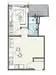 Floor plan: 1-bedroom 1-bathroom unit; features: open-plan kitchen-dining-living, master bedroom with ensuite bathroom, balcony off living room, utility room, central foyer.