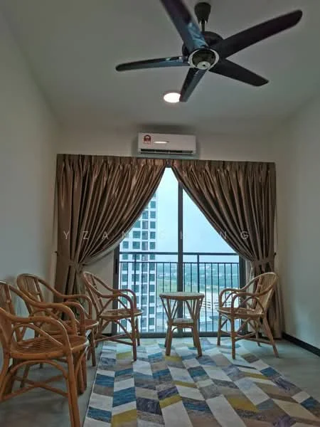 Room features: 5-blade ceiling fan with light, wall-mounted split AC, floor-to-ceiling windows, curtains in beige, rattan chairs, small round table, area rug with geometric pattern, light-colored walls, dark flooring; style: modern; view: city.