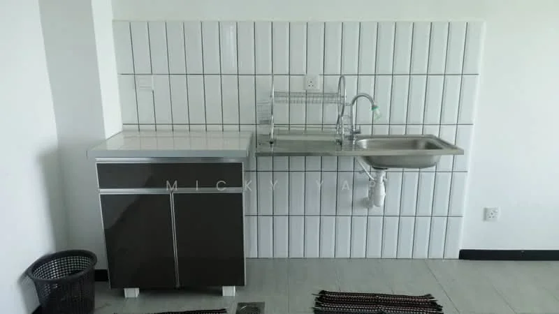 Kitchen features: stainless-steel sink, chrome faucet, grey cabinetry, white tiled backsplash, grey tiled flooring, dish rack, waste bin, countertop with storage; style: modern.