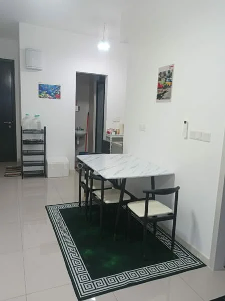 Dining features: marble dining table, 4 dining chairs with upholstered seats, green area rug with geometric pattern, white painted walls, glossy tile flooring, recessed ceiling light, wall-mounted air conditioning unit, framed artwork on walls; style: modern. Room features: open doorway leading to another room, shelving unit with multiple levels, visible kitchen area in background.