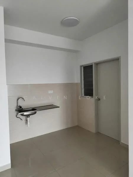 Room features: white painted walls, cream tiled backsplash, light grey floor tiles, single-bowl stainless-steel sink, wall-mounted faucet, countertop with no cabinetry, window with metal grille, plain door, ceiling light fixture; style: modern.