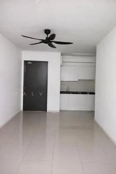 Living features: white painted walls, glossy tile flooring, 5-blade ceiling fan in black, dark wood door, kitchenette with white cabinetry, black countertop, open layout, natural light from windows; style: modern.
