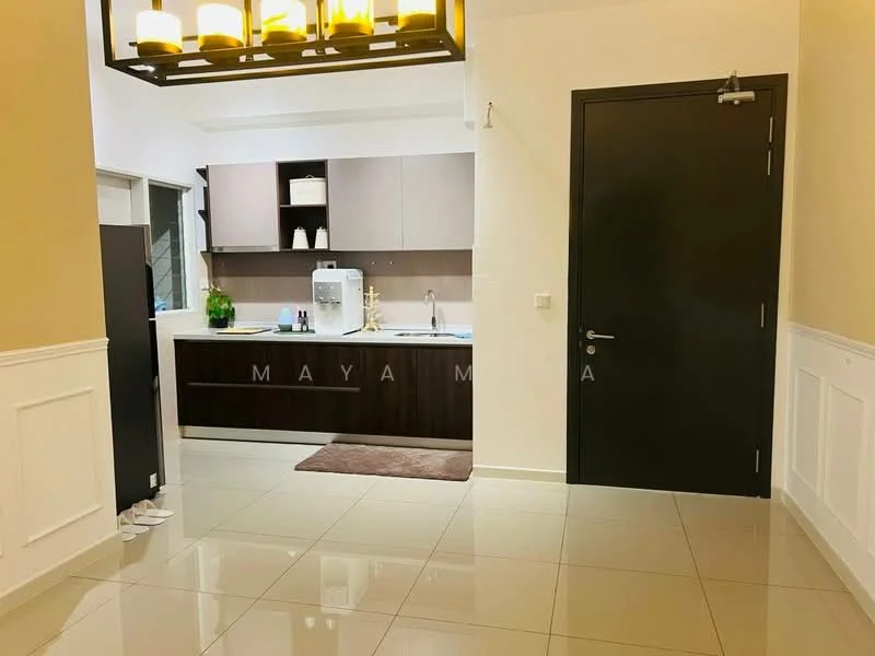 Kitchen features: white upper cabinets, dark wood lower cabinets, stainless-steel sink, chrome pull-down faucet, built-in refrigerator, built-in microwave, ceramic tile flooring, recessed downlights, countertop with space for appliances, wall-mounted cabinet, open layout to living area; style: modern.
