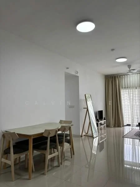Dining features: white painted walls, glossy tile flooring, round ceiling light, 5-blade ceiling fan, dining table with 4 chairs, full-length mirror, TV console, curtains, sliding glass door; style: modern.