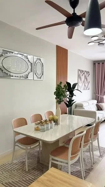 Dining features: 6-seater dining table with marble top, upholstered dining chairs in pink, area rug with geometric pattern, decorative wall art with frames, potted plant, ceiling fan with 5 blades, recessed downlights, light fixture with pendant design, wooden accent wall, curtains in light fabric; style: modern. Living features: sofa in light color, coffee table, decorative pillows, wall-mounted artwork, floor lamp, curtains in light fabric; style: modern.