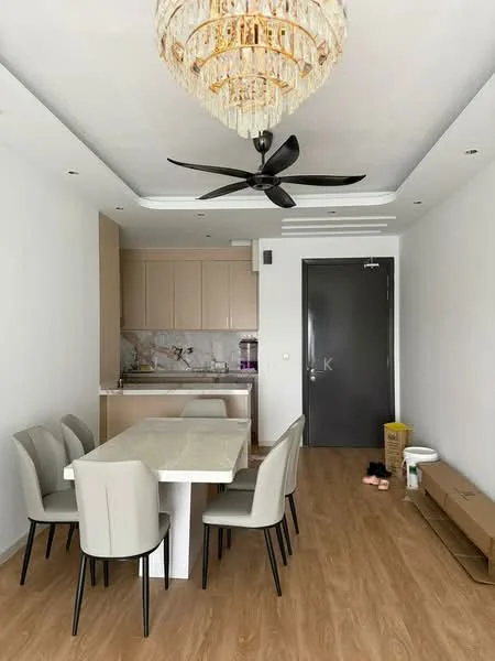 Dining features: 6-seater dining table with marble top, upholstered dining chairs in light grey, 5-blade ceiling fan with integrated LED light, white painted walls, wooden flooring, kitchen area with beige cabinetry, marble backsplash, door leading to hallway, decorative chandelier, open layout; style: modern.