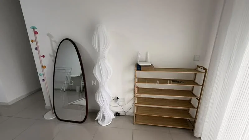Room features: full-length mirror, white floor lamp, wooden shelving unit, grey tiled flooring, white walls, sheer curtains; style: modern.