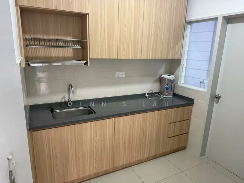 Kitchen features: wood cabinetry, black countertop, single-bowl stainless-steel sink, chrome pull-down faucet, open shelving above countertop, built-in cabinets below countertop, tile backsplash, window for natural light, white walls, ceramic tile flooring; style: modern.