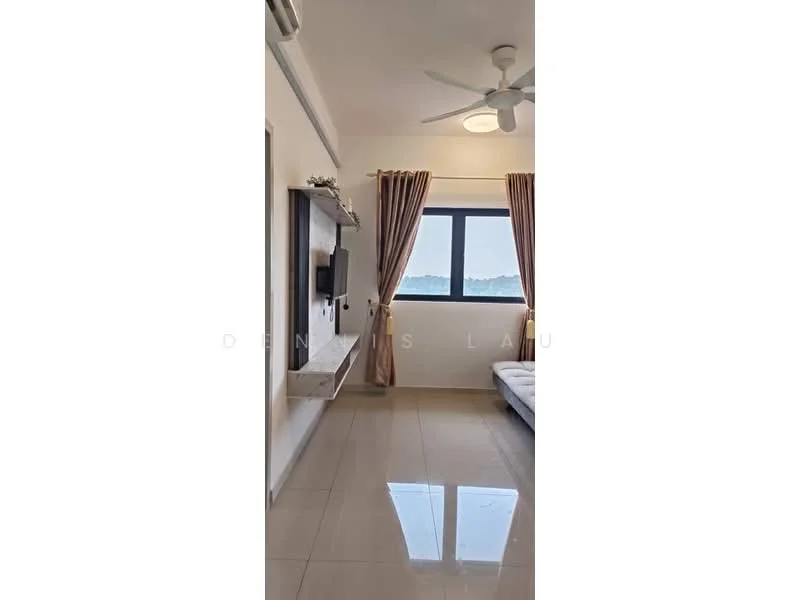 Bedroom features: floor-to-ceiling window, curtains, ceiling fan, wall-mounted TV, floating shelf, white painted walls, glossy tile flooring, bed with mattress; style: modern; view: sea.