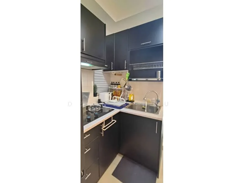 Kitchen features: black cabinetry, granite countertop, stainless-steel sink, chrome pull-down faucet, 4-burner gas hob, built-in oven, tile backsplash, under-cabinet lighting, kitchen utensils on countertop, dish rack, floor mat, wall-mounted shelf; style: modern.