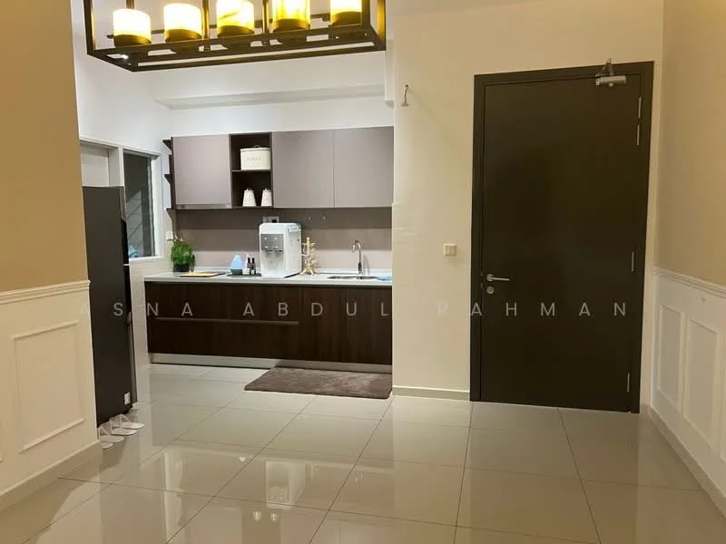 Kitchen features: white painted walls, cream cabinetry, dark wood lower cabinets, marble countertop, stainless-steel sink, chrome pull-down faucet, built-in refrigerator, built-in microwave, 4-burner gas hob, pendant lighting, tile flooring, open layout, window above sink; style: modern.